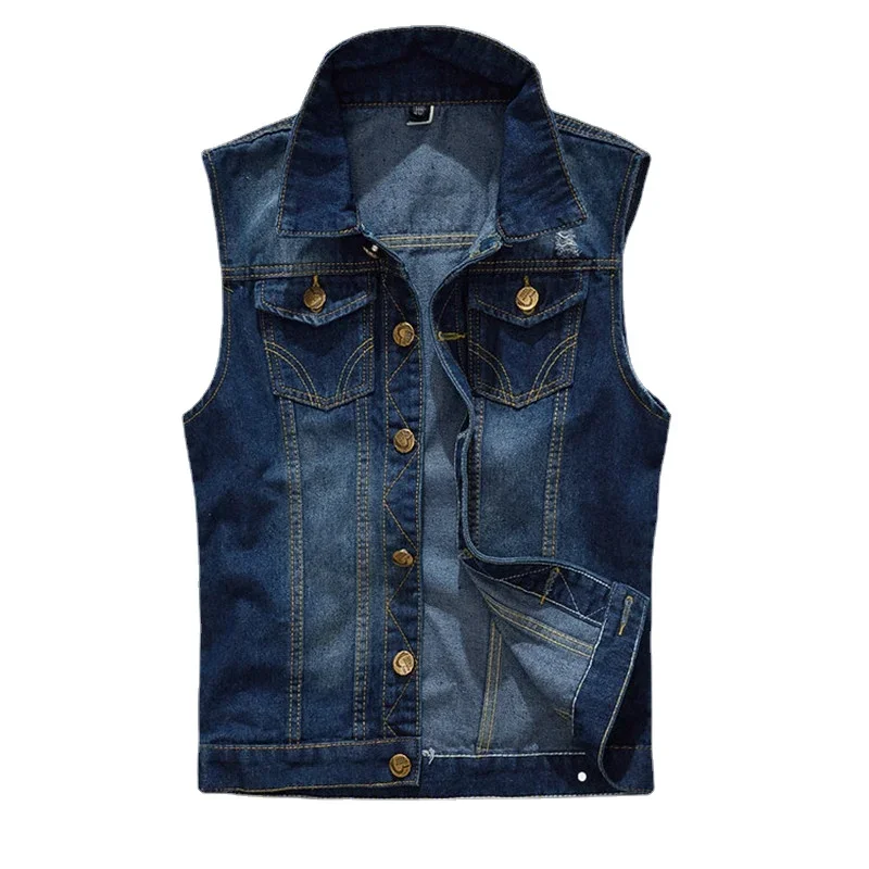 Men Denim Vests Jackets Waistcoats Light Blue Ripped Denim Coats Vests New Fashion Male Cotton Slim Black Jeans Waistcoats 6XL thumbnail 5