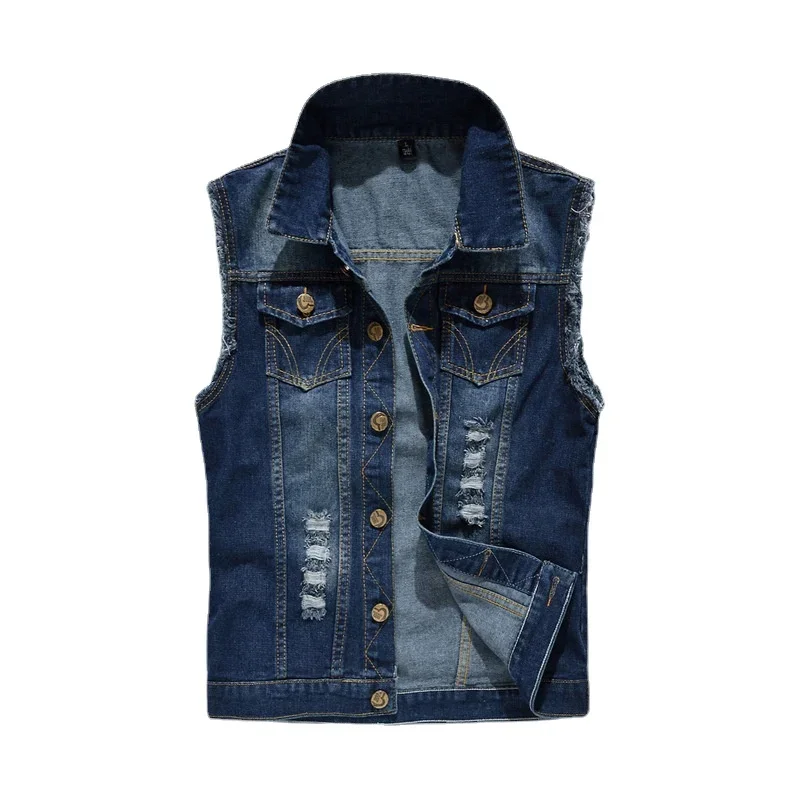Men Denim Vests Jackets Waistcoats Light Blue Ripped Denim Coats Vests New Fashion Male Cotton Slim Black Jeans Waistcoats 6XL thumbnail 2