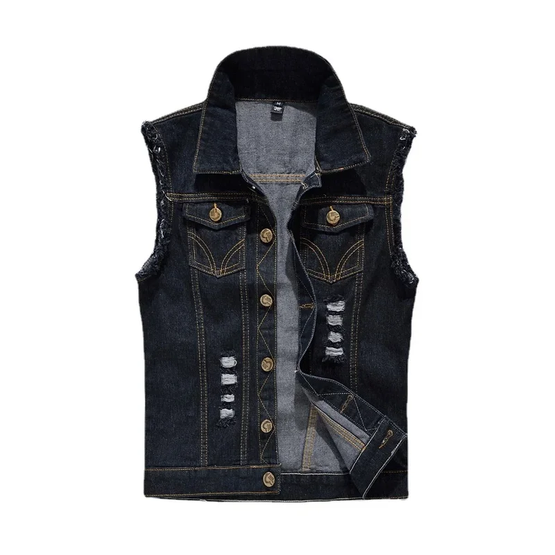 Men Denim Vests Jackets Waistcoats Light Blue Ripped Denim Coats Vests New Fashion Male Cotton Slim Black Jeans Waistcoats 6XL thumbnail 3