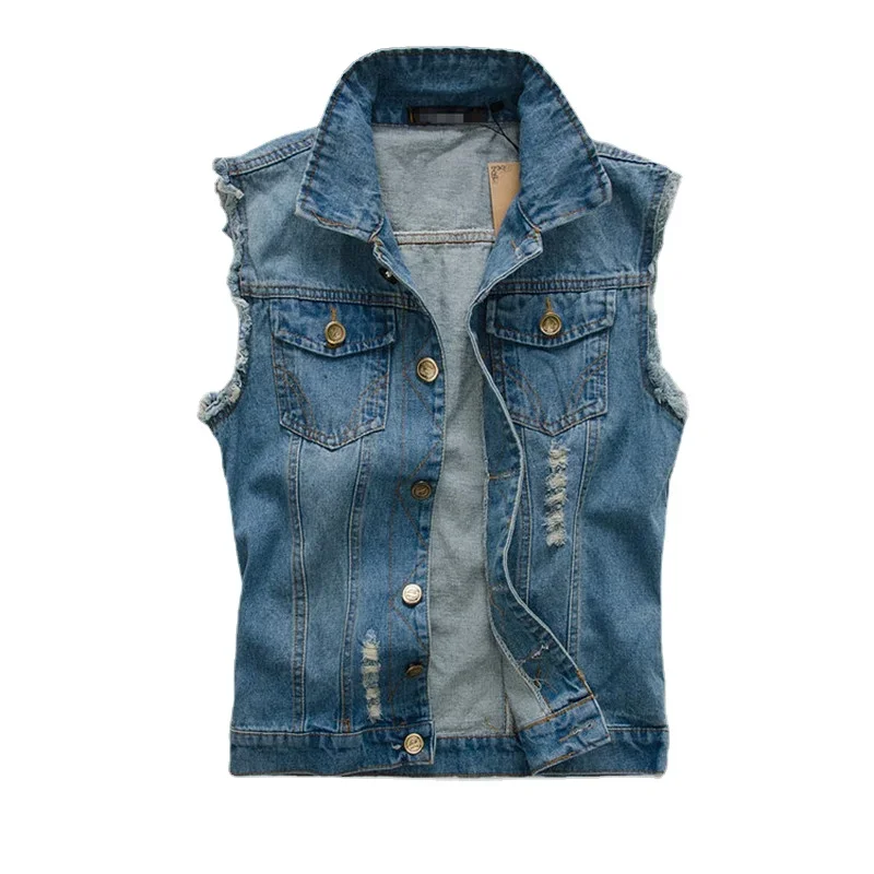 Men Denim Vests Jackets Waistcoats Light Blue Ripped Denim Coats Vests New Fashion Male Cotton Slim Black Jeans Waistcoats 6XL thumbnail 4