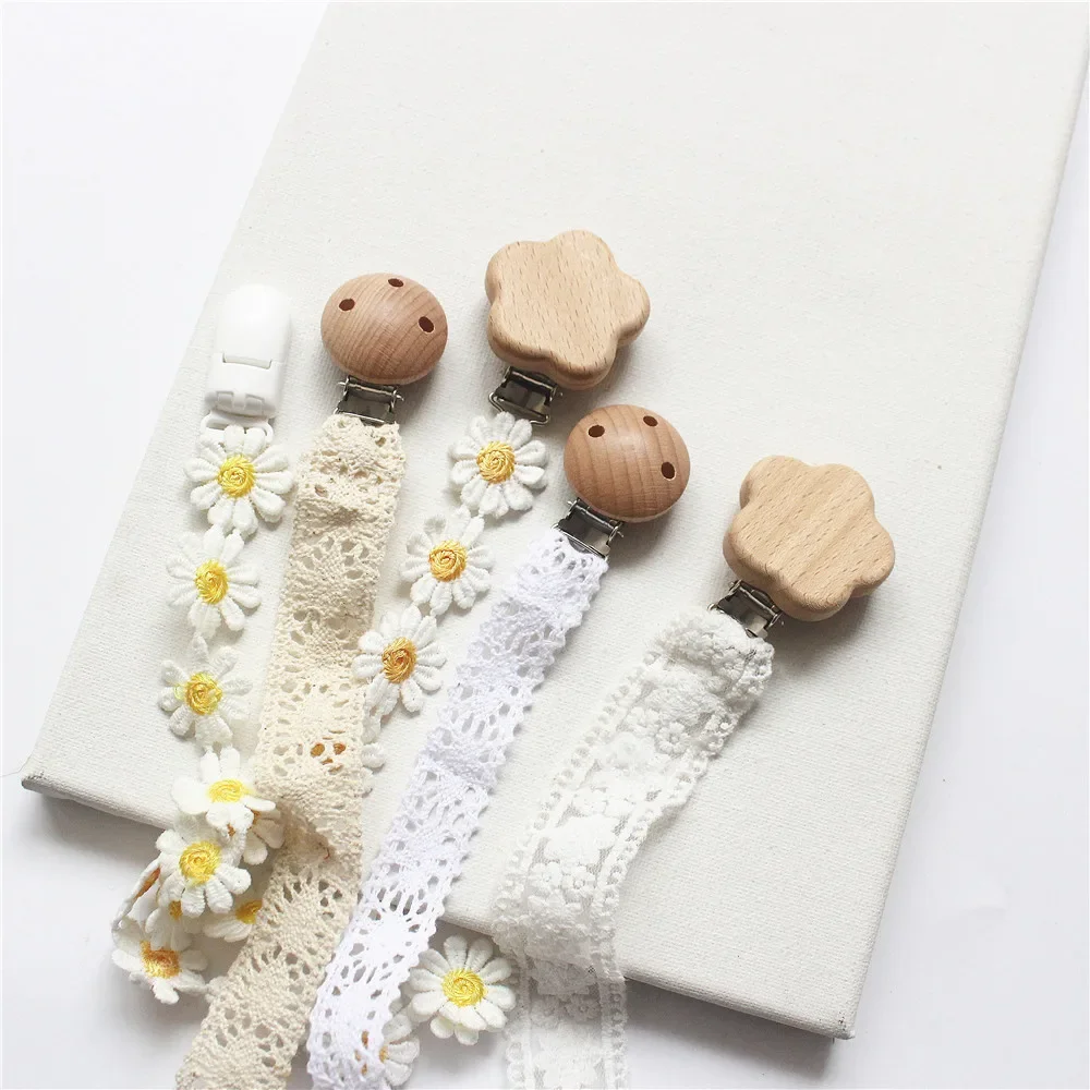 INS Baby Girls Pacifier Clips Wooden Kawaii Flower Lace Babies Soothe Nipple Teethers Toys Anti-drop Chain Teething Accessories thumbnail 3