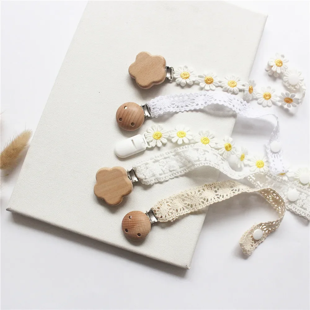 INS Baby Girls Pacifier Clips Wooden Kawaii Flower Lace Babies Soothe Nipple Teethers Toys Anti-drop Chain Teething Accessories thumbnail 2