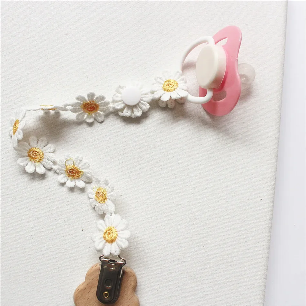 INS Baby Girls Pacifier Clips Wooden Kawaii Flower Lace Babies Soothe Nipple Teethers Toys Anti-drop Chain Teething Accessories thumbnail 6