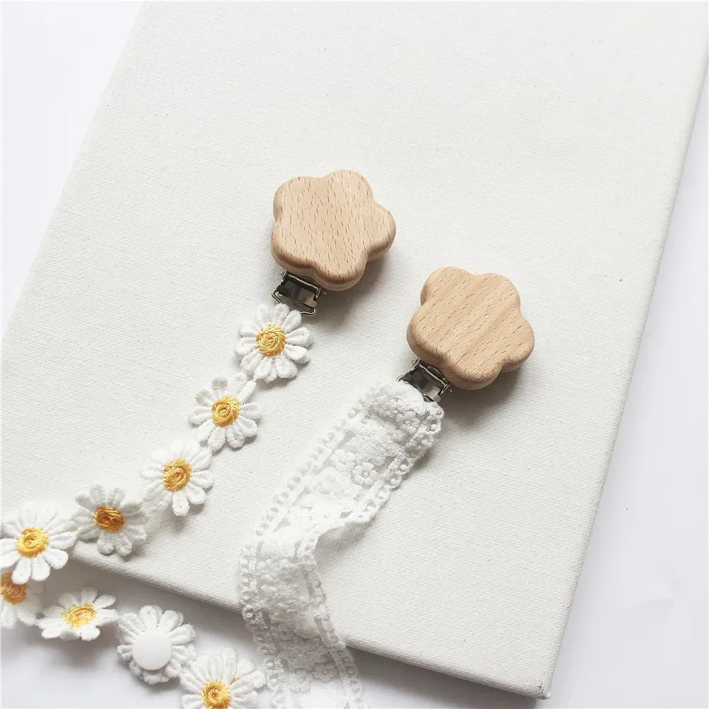 INS Baby Girls Pacifier Clips Wooden Kawaii Flower Lace Babies Soothe Nipple Teethers Toys Anti-drop Chain Teething Accessories thumbnail 4