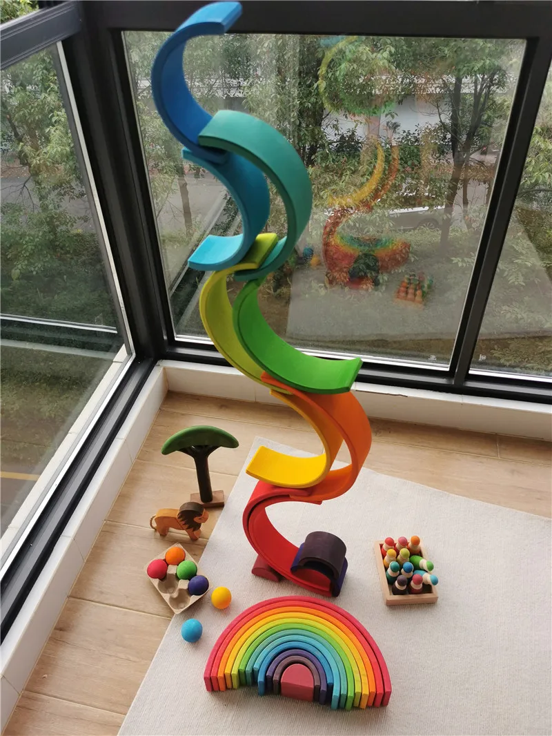 High Quality Wooden Toys Lime Wood Rainbow Arch Stacking Blocks Building Semi Color Sorting Peg Dolls Balls Slat for Kids Play thumbnail 4