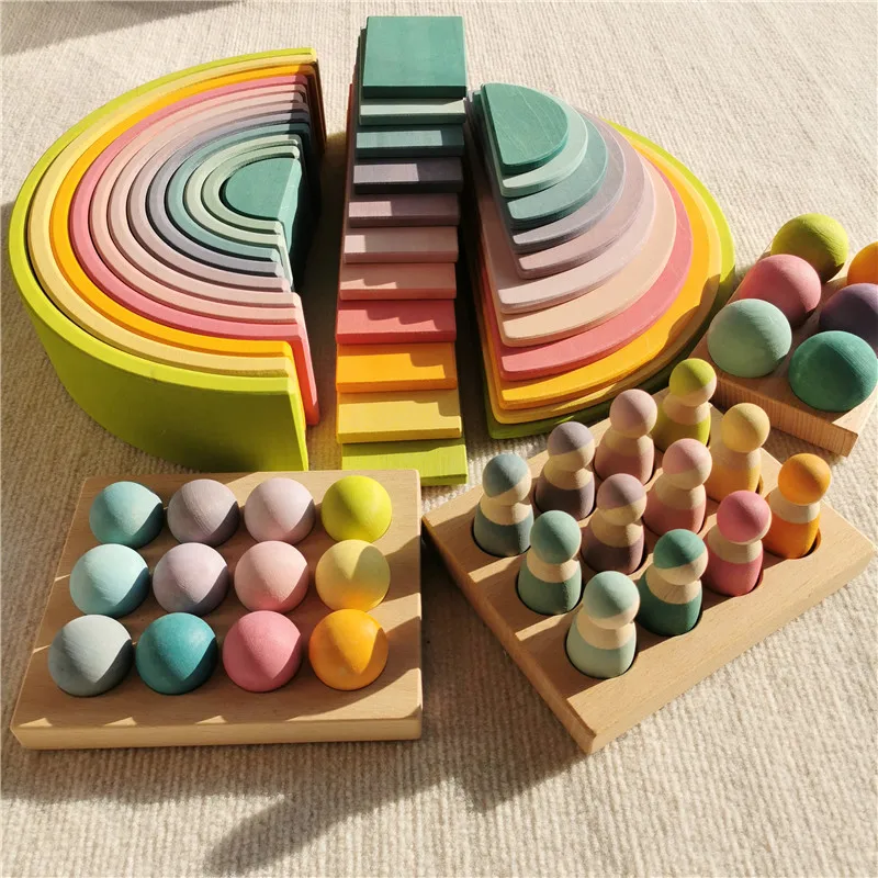 High Quality Wooden Toys Pastel Basswood Rainbow Stacking Blocks Pine Building Semi Sorting Peg Dolls Balls for Kids Play thumbnail 2
