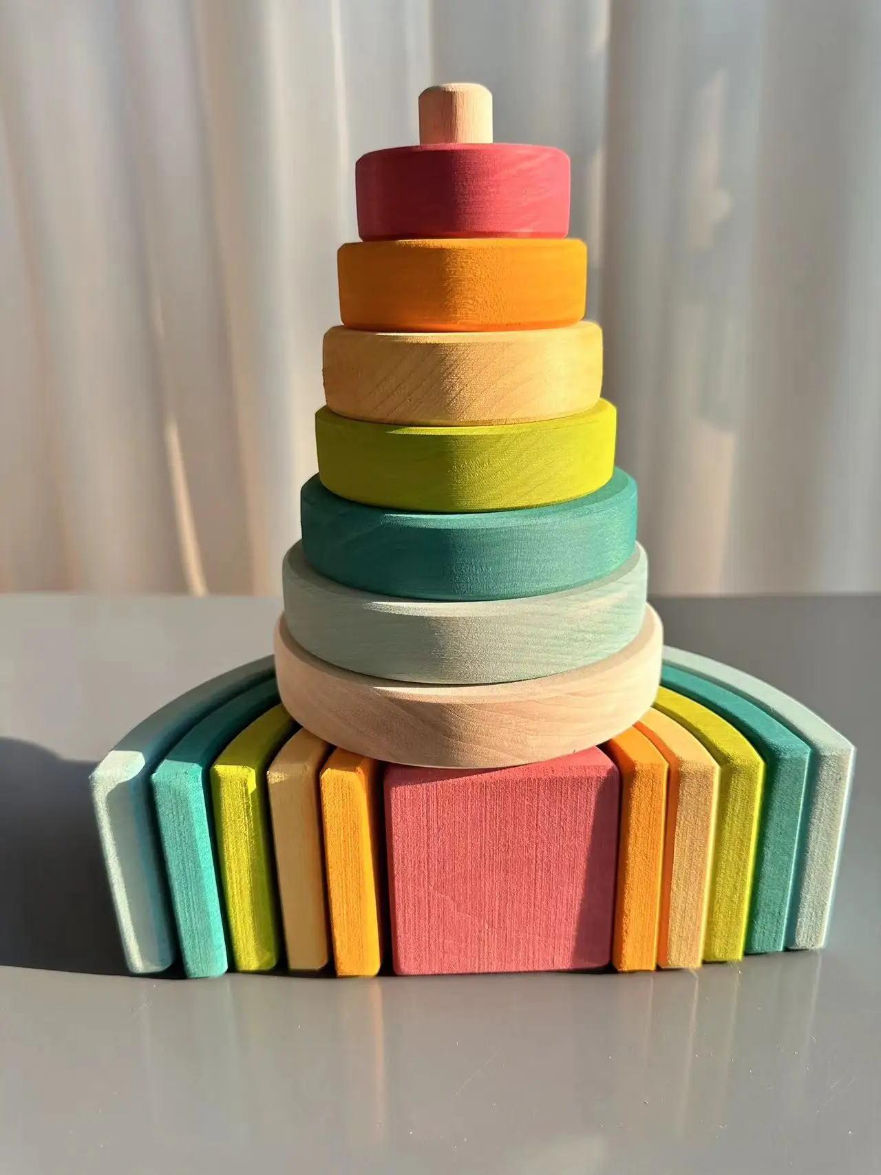 High Quality Wooden Toys Pastel Basswood Rainbow Stacking Blocks Pine Building Semi Sorting Peg Dolls Balls for Kids Play thumbnail 6