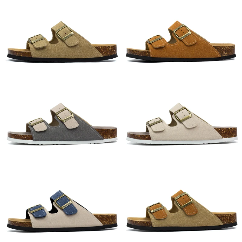 2022 New Summer Men's Cork Slippers Suede Leather Mule Clogs Slippers Man Soft Cork Two Buckle Beach Slides Footwear for Men 45