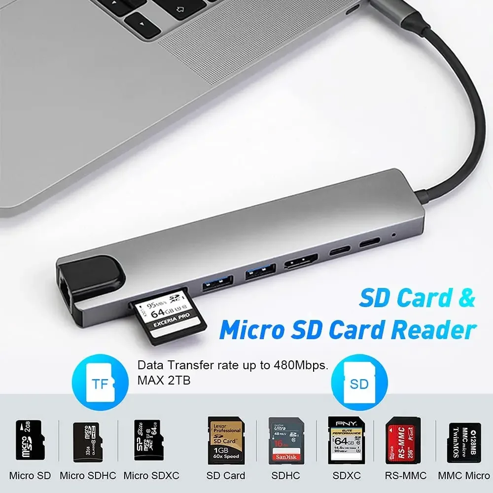 USB 3.0 Hub For Laptop Adapter PC Computer PD Charge Dock Station RJ45 HDMI-compatible TF/SD Card Notebook Type-C Splitter thumbnail 2