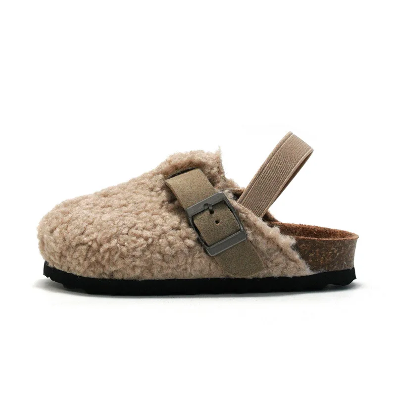 Child Baby Boys Girls Warm Fuzzy Slipper Plush Sandals Cork Faux Fur Flats Toddler Prewalker Slipper Elastic Back Strap thumbnail 5