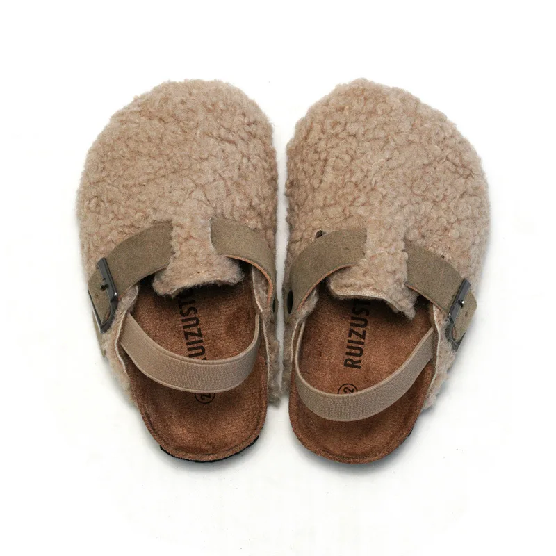 Child Baby Boys Girls Warm Fuzzy Slipper Plush Sandals Cork Faux Fur Flats Toddler Prewalker Slipper Elastic Back Strap thumbnail 4