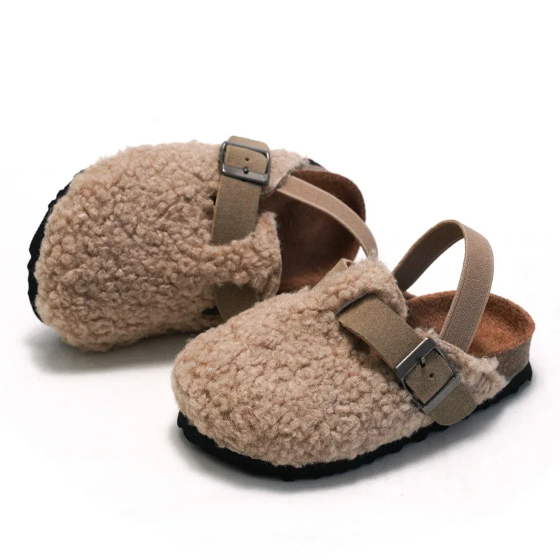 Child Baby Boys Girls Warm Fuzzy Slipper Plush Sandals Cork Faux Fur Flats Toddler Prewalker Slipper Elastic Back Strap thumbnail 2