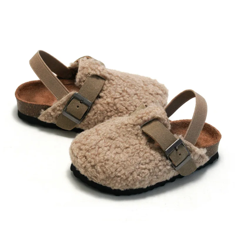 Child Baby Boys Girls Warm Fuzzy Slipper Plush Sandals Cork Faux Fur Flats Toddler Prewalker Slipper Elastic Back Strap thumbnail 3