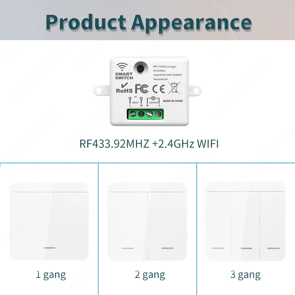 Tuya Smart Life APP RF 433MHz WiFi Smart Switch 1/2/3 Gang Wall Panel Light Switch Wireless Remote Control for Alexa Google Home thumbnail 6