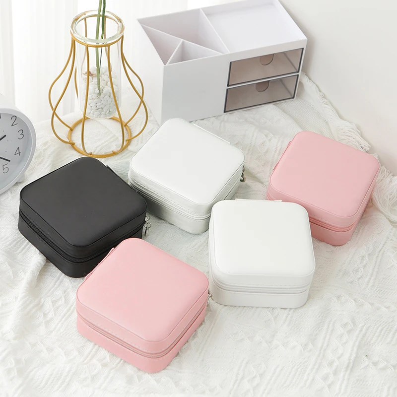 1pcs Single Layer Storage Box Ladies Travel Leather Jewelry Box Classic Black Pure White Fashion Pink Storage Box thumbnail 2