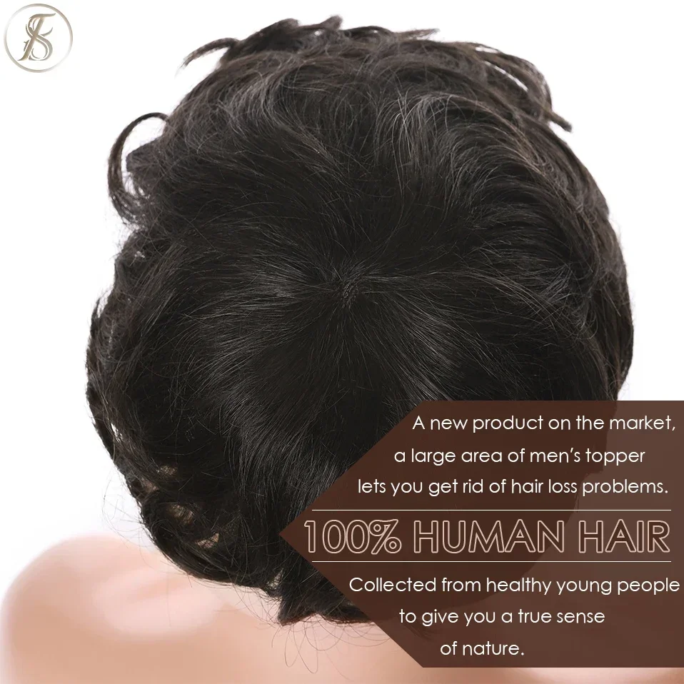 TESS 35g Men Toupee 16x19cm Human Hair Toppers Replacement System Men Capillary Prothesis Male Hair Wig Clip In Hair Extensions thumbnail 6