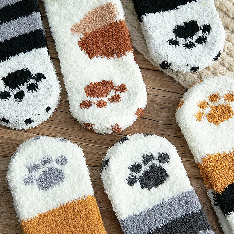 Autumn Winter Coral Velvet Socks Cute Cat Claw Socks For Women Children Girls Middle Tube Thickened Sleep Socks Home Floor Socks thumbnail 3