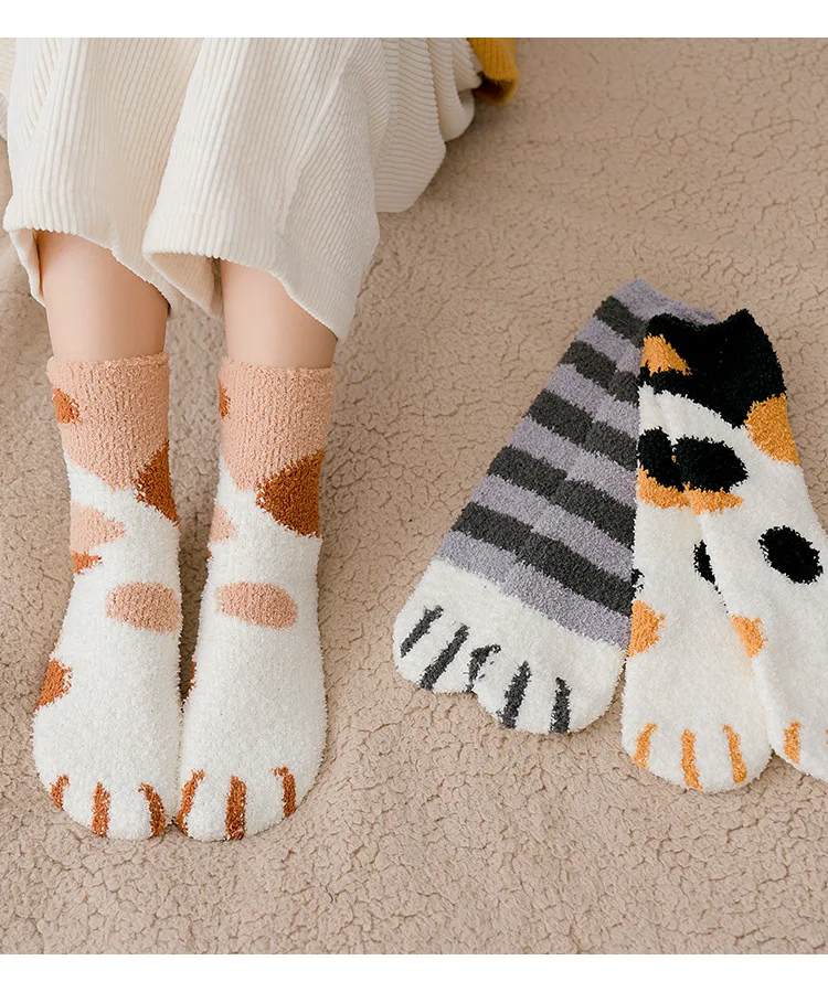 Autumn Winter Coral Velvet Socks Cute Cat Claw Socks For Women Children Girls Middle Tube Thickened Sleep Socks Home Floor Socks thumbnail 4
