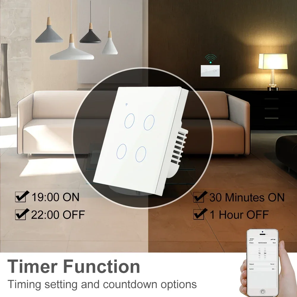 Tuya WiFi Smart On Off Light Switch 220V Power Button Wall Touch Alexa Google Home Voice With Without No Neutral Wire EU Two Way thumbnail 3