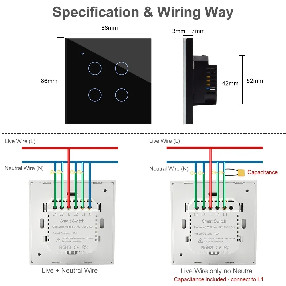 Tuya WiFi Smart On Off Light Switch 220V Power Button Wall Touch Alexa Google Home Voice With Without No Neutral Wire EU Two Way thumbnail 6