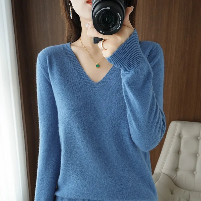 Women's Sweater 2025 Autumn Winter Knitted Pullovers V-neck Slim Fit Bottoming Shirt Solid Soft Knitwear Jumpers Basic Sweaters thumbnail 2