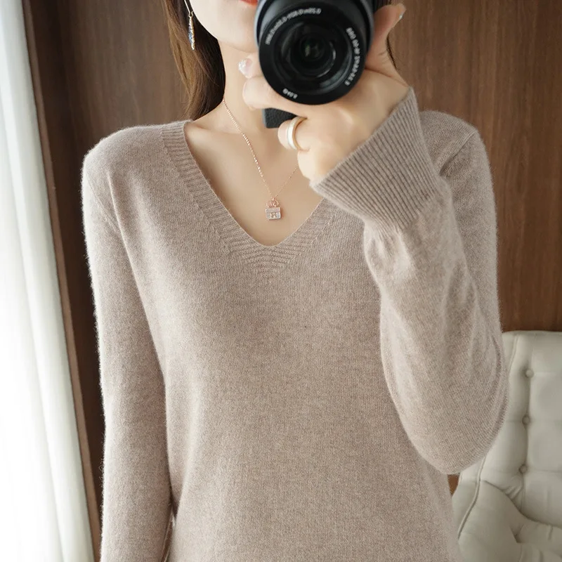Women's Sweater 2025 Autumn Winter Knitted Pullovers V-neck Slim Fit Bottoming Shirt Solid Soft Knitwear Jumpers Basic Sweaters thumbnail 4
