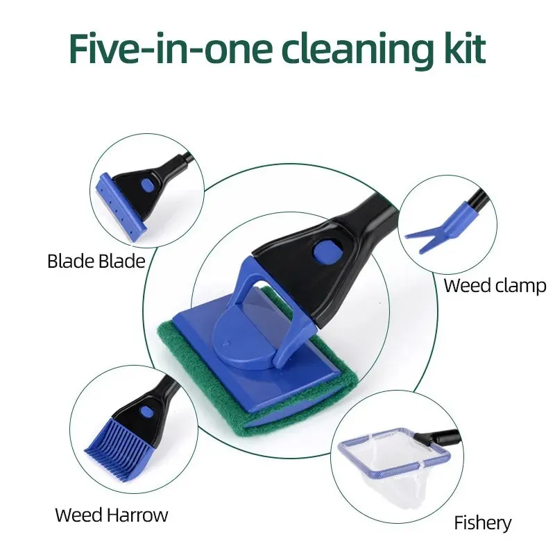 EW Fish Tank Glass Cleaning Brush Aquarium Tool Fishing Aquatic Grass Clip Algae Scraping Knife Long Handle Five-in-One Cleaning thumbnail 4