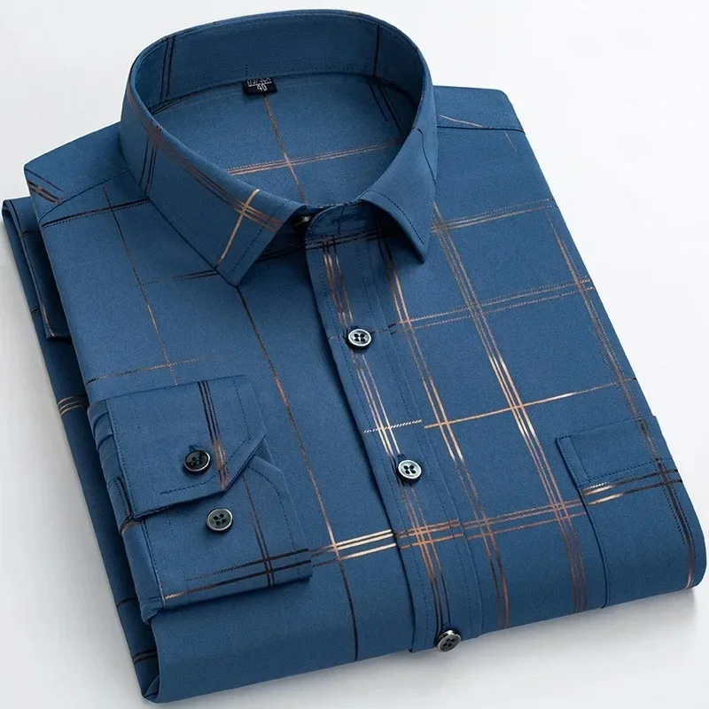 Men's Printed Shirt Long Sleeve Casual Elastic Soft No-iron Free Thin Easy Care Bausiness Silk Dress Shirts Luxury Clothing 6XL thumbnail 4