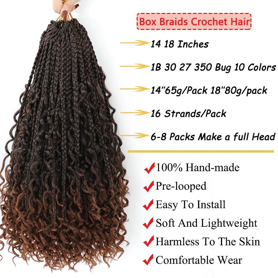 Jayfans Crochet Goddess Box Braids With Curly Ends Bob Bohemian Box Braids Crochet Hair 1B Blue Purple Pink Ombre Braiding Hair thumbnail 2