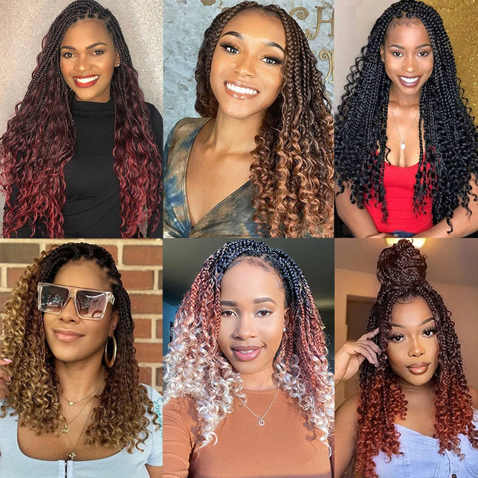 Jayfans Crochet Goddess Box Braids With Curly Ends Bob Bohemian Box Braids Crochet Hair 1B Blue Purple Pink Ombre Braiding Hair thumbnail 6