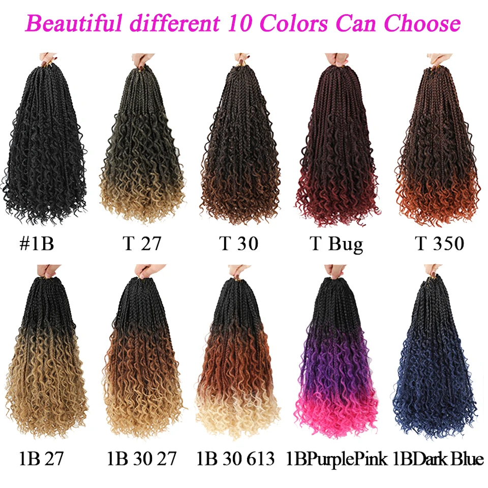 Jayfans Crochet Goddess Box Braids With Curly Ends Bob Bohemian Box Braids Crochet Hair 1B Blue Purple Pink Ombre Braiding Hair thumbnail 3