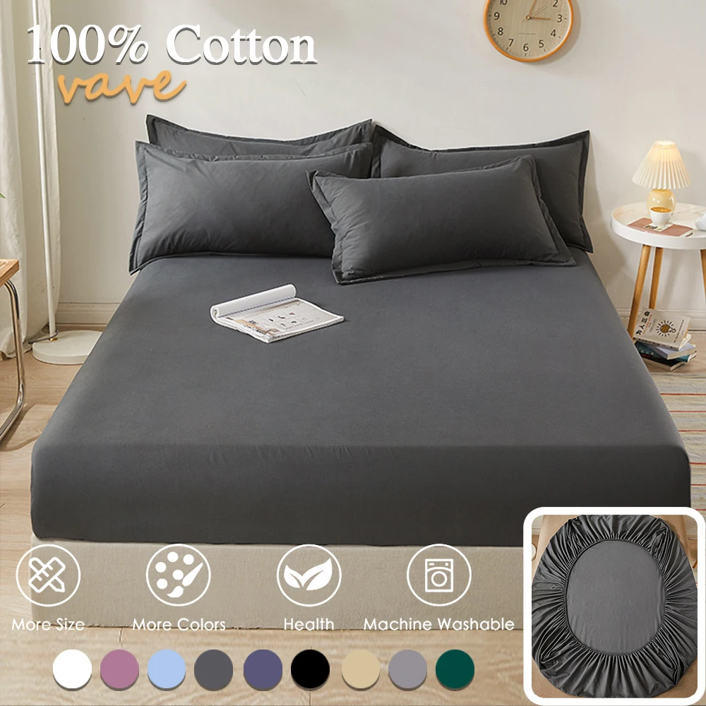 100% Cotton Fitted Bed Sheet with Elastic Band Solid Color Anti-slip Adjustable Mattress Cover for Single Double King Queen Bed thumbnail 3