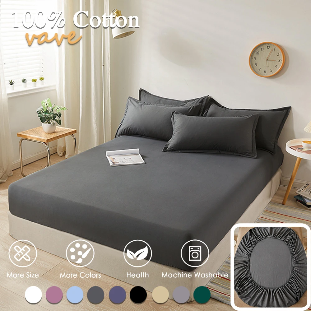 100% Cotton Fitted Bed Sheet with Elastic Band Solid Color Anti-slip Adjustable Mattress Cover for Single Double King Queen Bed thumbnail 2