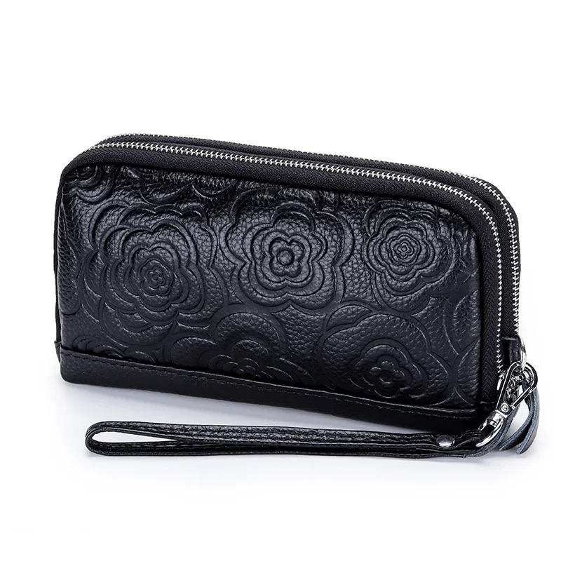 Fashion Flowers Printing Female Purse 100% Genuine Leather Excellent Quality Women Clutch Bag Double Zipper Style Wristlets Bags thumbnail 5