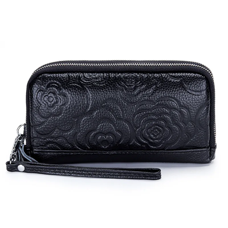 Fashion Flowers Printing Female Purse 100% Genuine Leather Excellent Quality Women Clutch Bag Double Zipper Style Wristlets Bags thumbnail 6