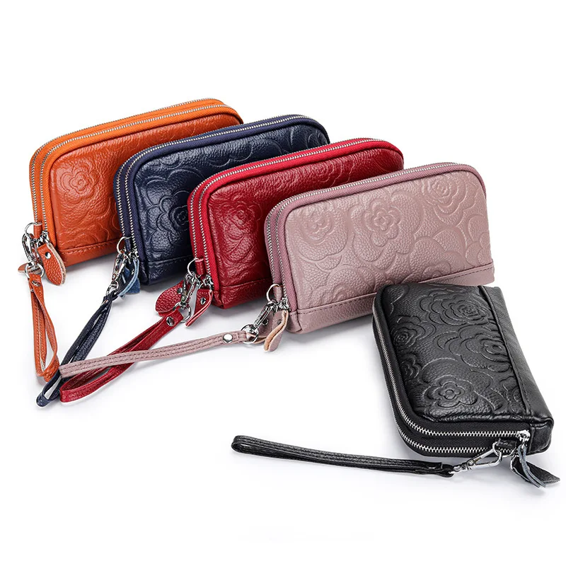 Fashion Flowers Printing Female Purse 100% Genuine Leather Excellent Quality Women Clutch Bag Double Zipper Style Wristlets Bags thumbnail 2