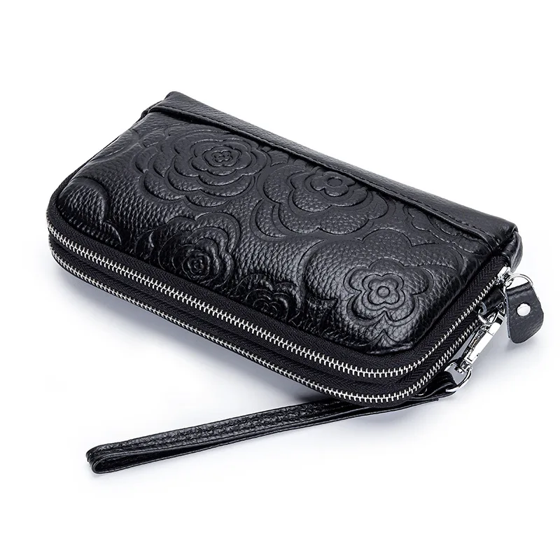 Fashion Flowers Printing Female Purse 100% Genuine Leather Excellent Quality Women Clutch Bag Double Zipper Style Wristlets Bags thumbnail 3