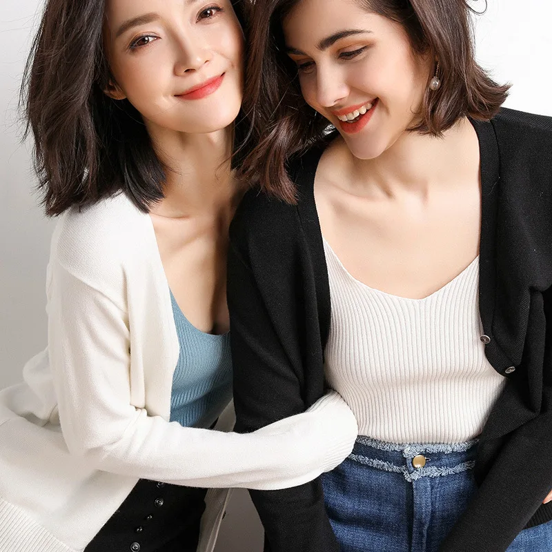 Cardigans Women 2025 Autumn Single Breasted V-neck Knitted Sweater Fashion Short Knitwear Solid Blue Green Pink Women's Jumpers thumbnail 3