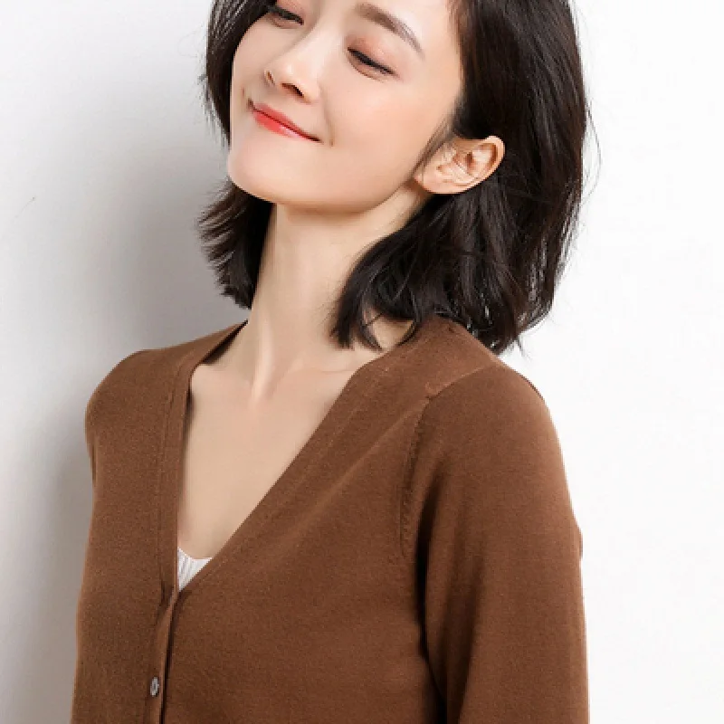 Cardigans Women 2025 Autumn Single Breasted V-neck Knitted Sweater Fashion Short Knitwear Solid Blue Green Pink Women's Jumpers thumbnail 6