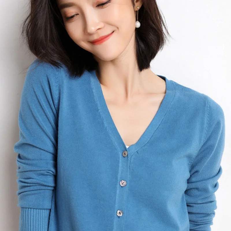 Cardigans Women 2025 Autumn Single Breasted V-neck Knitted Sweater Fashion Short Knitwear Solid Blue Green Pink Women's Jumpers thumbnail 4