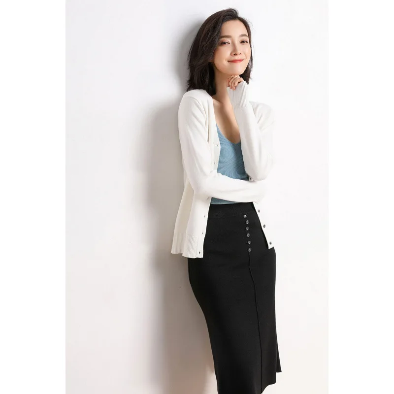 Cardigans Women 2025 Autumn Single Breasted V-neck Knitted Sweater Fashion Short Knitwear Solid Blue Green Pink Women's Jumpers thumbnail 5