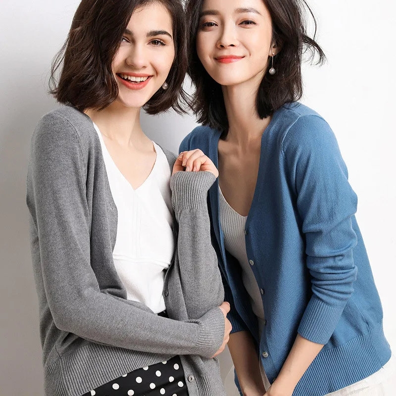 Cardigans Women 2025 Autumn Single Breasted V-neck Knitted Sweater Fashion Short Knitwear Solid Blue Green Pink Women's Jumpers thumbnail 2