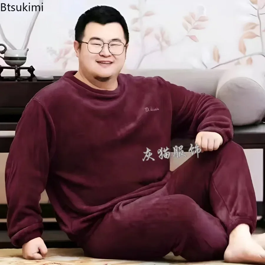 New Plus Size Winter Men's Flannel Pajamas Sets Soft Crimson Home Clothes for Men Casual Leisure Nightgown Sleepwear Suit Male thumbnail 5
