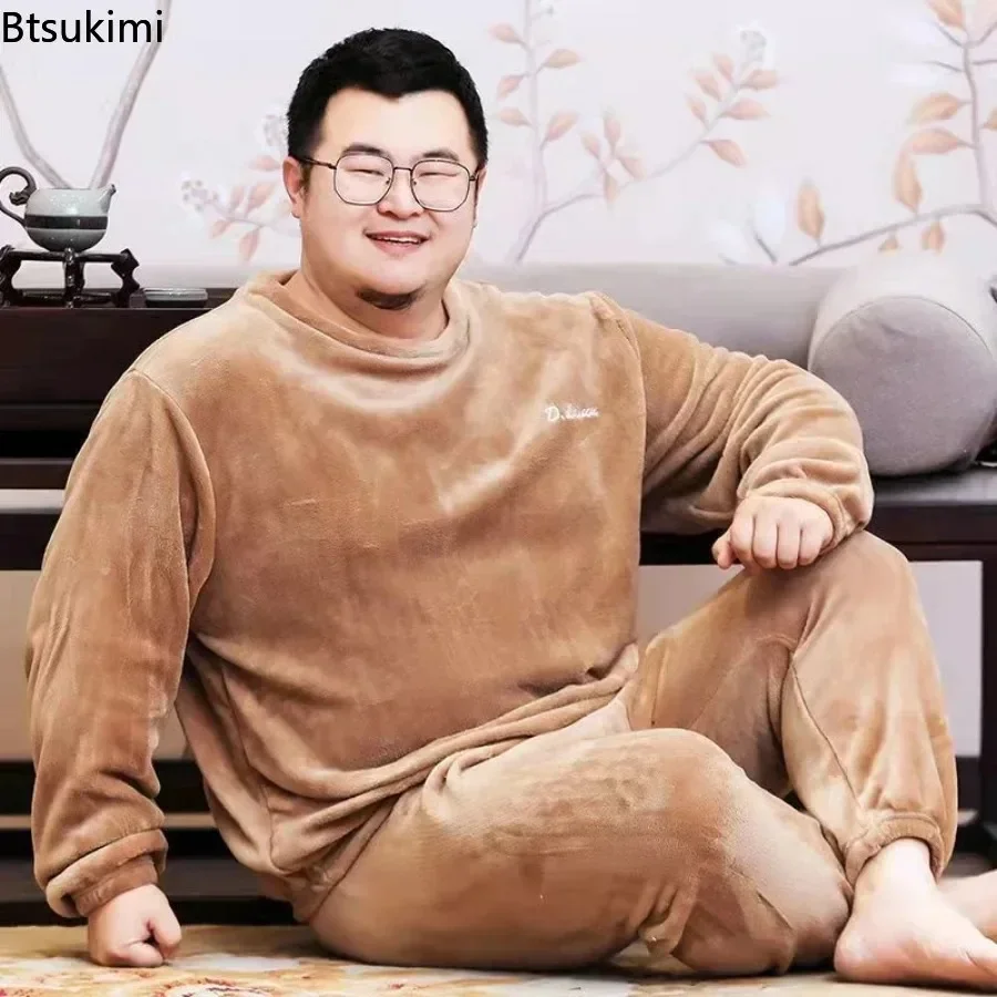 New Plus Size Winter Men's Flannel Pajamas Sets Soft Crimson Home Clothes for Men Casual Leisure Nightgown Sleepwear Suit Male thumbnail 3