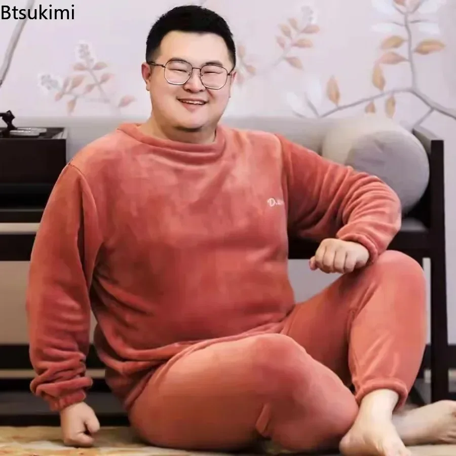 New Plus Size Winter Men's Flannel Pajamas Sets Soft Crimson Home Clothes for Men Casual Leisure Nightgown Sleepwear Suit Male thumbnail 4