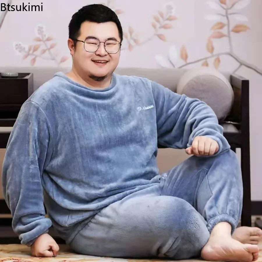 New Plus Size Winter Men's Flannel Pajamas Sets Soft Crimson Home Clothes for Men Casual Leisure Nightgown Sleepwear Suit Male thumbnail 2