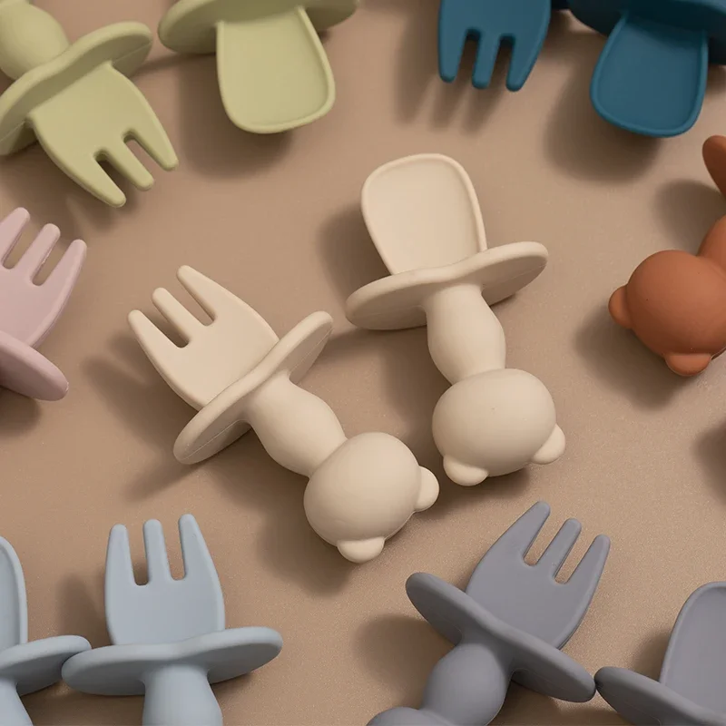 Food Grade Infant Soft Silicone Feeding Tableware For Toddler Kids Cartoon Panda Mini Training Fork Spoon Set Baby Accessories thumbnail 2