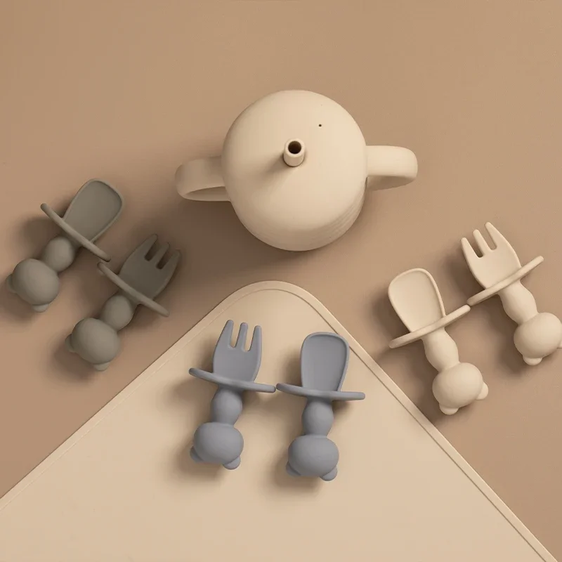 Food Grade Infant Soft Silicone Feeding Tableware For Toddler Kids Cartoon Panda Mini Training Fork Spoon Set Baby Accessories thumbnail 5