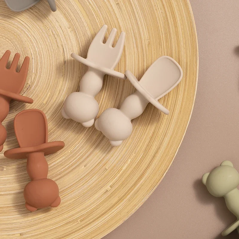 Food Grade Infant Soft Silicone Feeding Tableware For Toddler Kids Cartoon Panda Mini Training Fork Spoon Set Baby Accessories thumbnail 3
