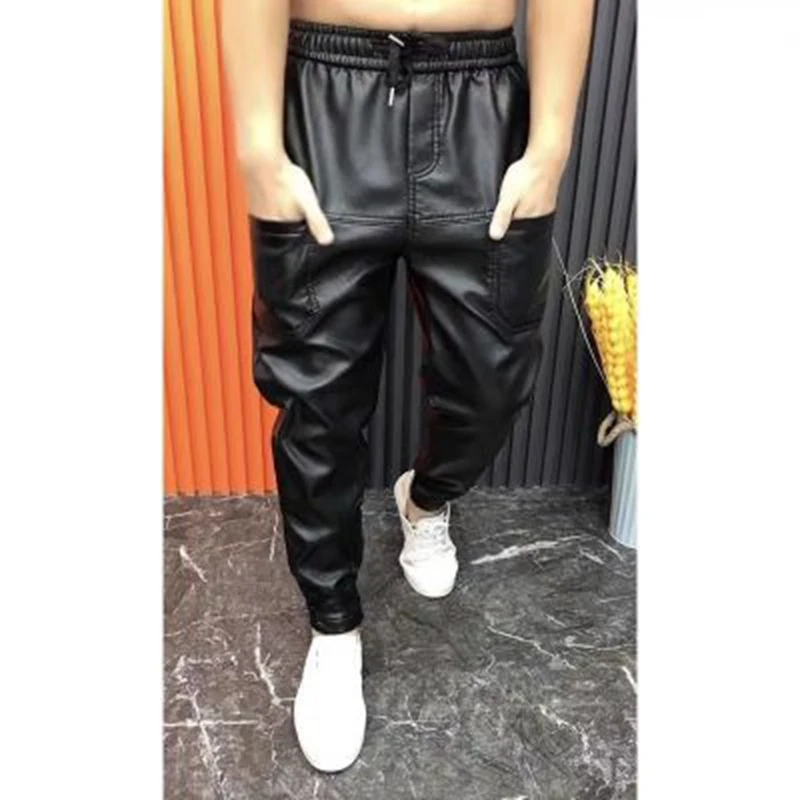 Men Leather Pants Elastic Waist Faux Leather Pants Men Joggers Zipper Pockets Black Streetwear Slim Pencil Pant Men Clothing thumbnail 4